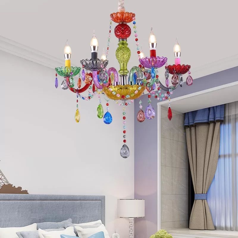 Fake Candle Pendant Light Pretty Glass Multi-Colored Chandelier with Teardrop Crystal for Kindergarten