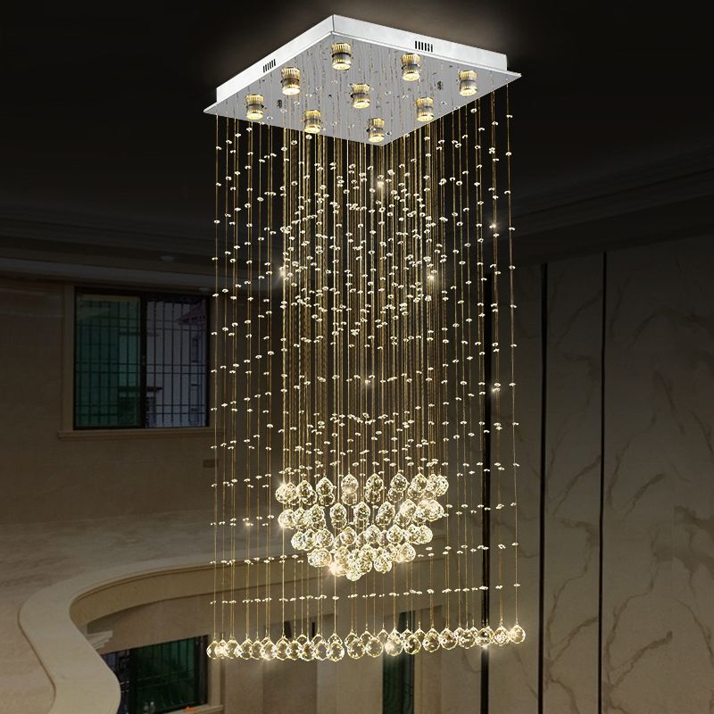 Modernist Waterfall Pendant Light 9-Bulb Crystal LED Multi Ceiling Lamp in Silver with Square Canopy