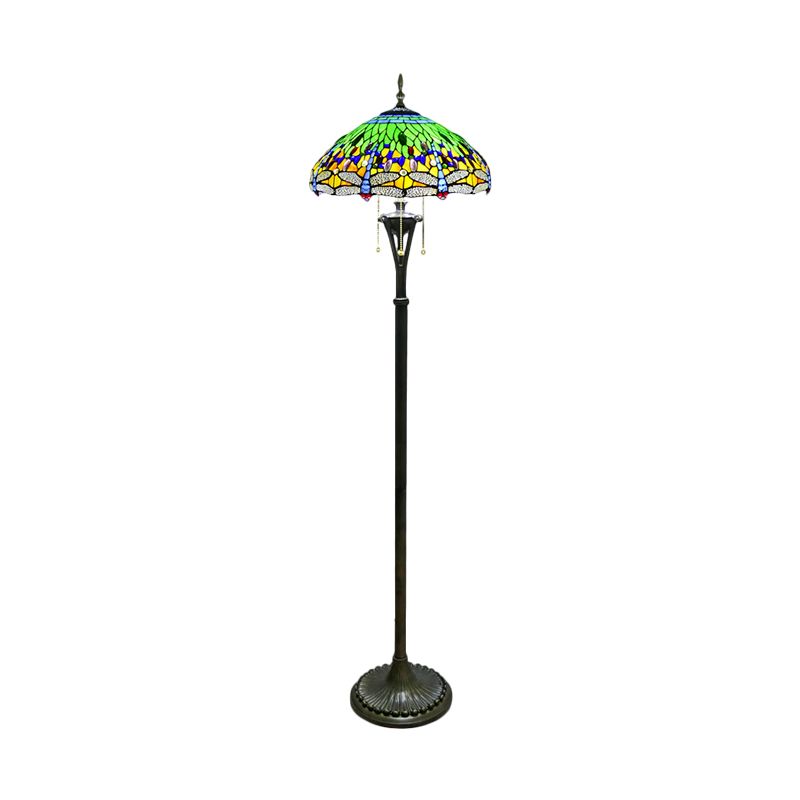 Lampada da pavimento di lettura di libellula in vetro colorato barocco a 3 teste gialla/blu/verde catena di tiro in piedi con ombra a cupola