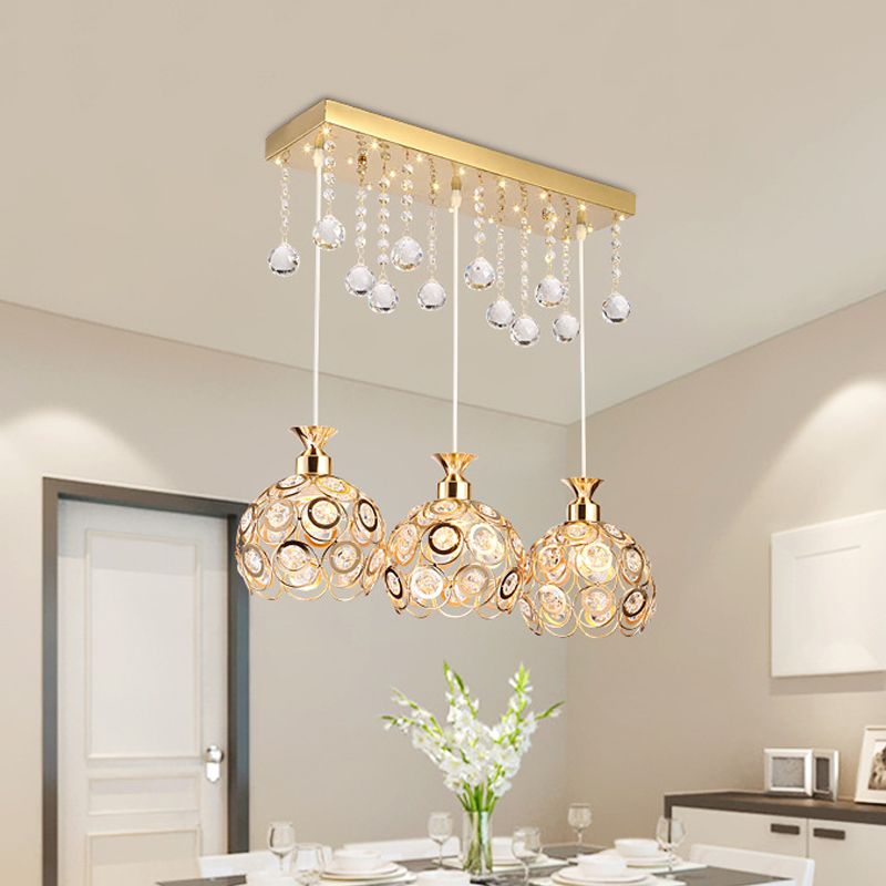 Gold Finish Domed Cluster Light Pendant Modern 3-Head Crystal Embedded Hanging Lamp Kit