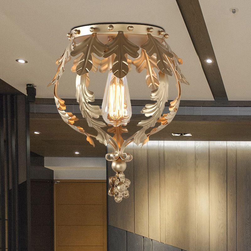 Single Inverted Leaf Crown Flush Light Rustic Grey/White/Gold Metal Ceiling Mounted Lamp for Corridor