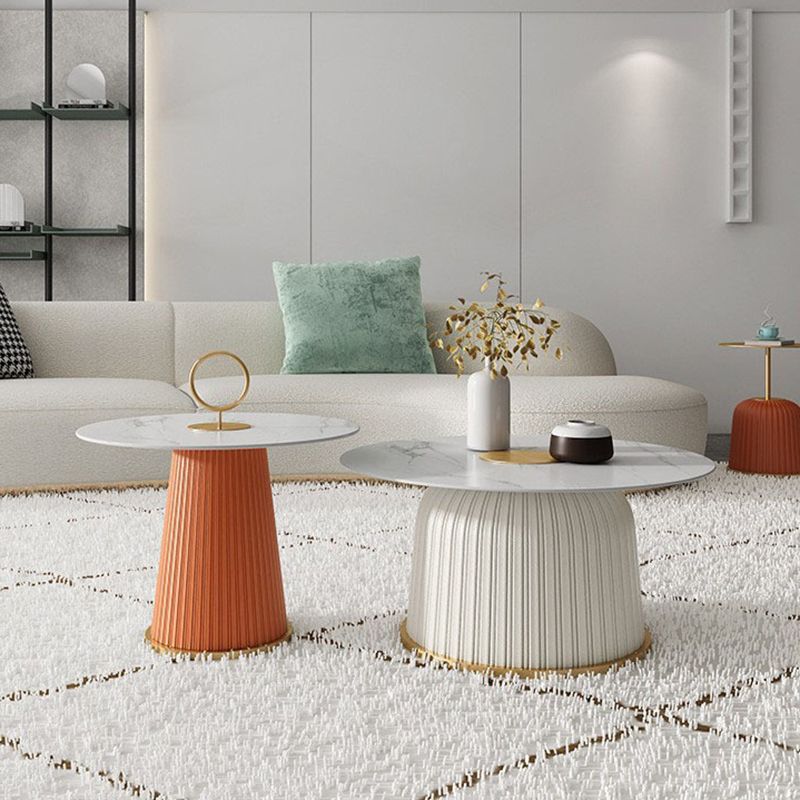 Modern Style Round Coffee Table with Drum Base Metal Design Rock Plate Top