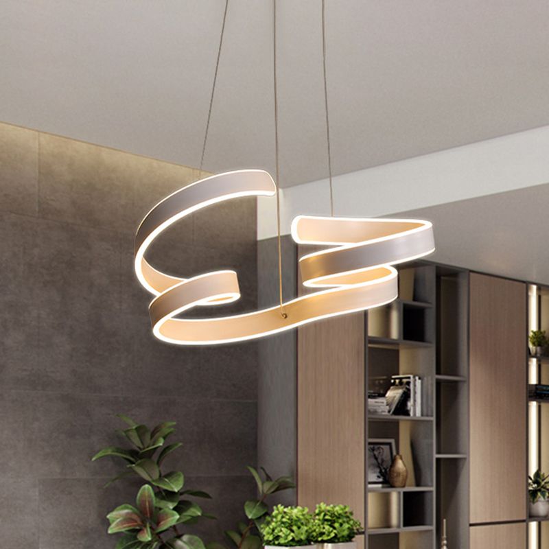 Minimalist Coiled Aluminum Chandelier LED Hanging Pendant Light in White over Dining Table, Warm/White Light