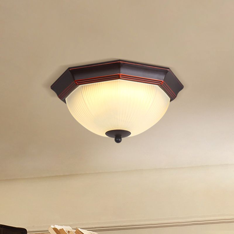 Octagon Bedroom Flush Mount Retro Prismatic White Glass 3-Light Black Ceiling Mounted Light