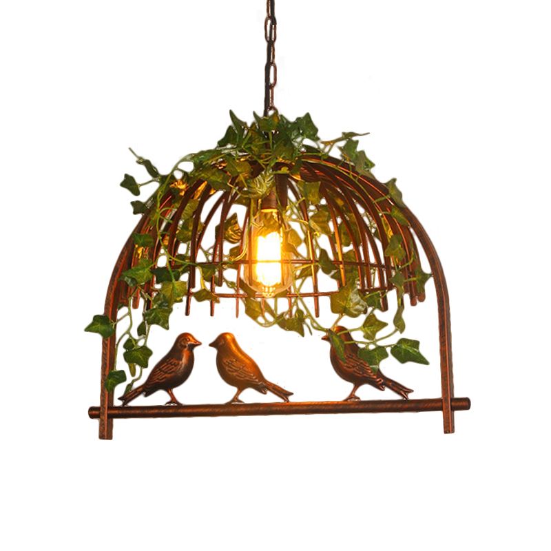 Vintage Birdcage Hanging Pendant 1 Light Metallic Suspension Lamp in Rust with PVC Plant Deco