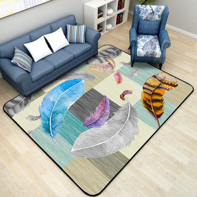 Multicolored Fresh Indoor Rug Trendy Leaves and Feather Pattern Rug Polyester Non-Slip Backing Rug for Bedroom