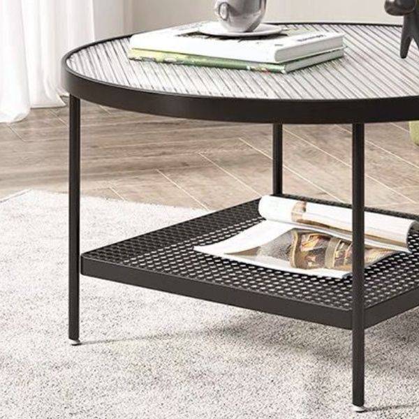 Modern Glass Top Cocktail Table with 4 Steel Legs and Storage Shelf