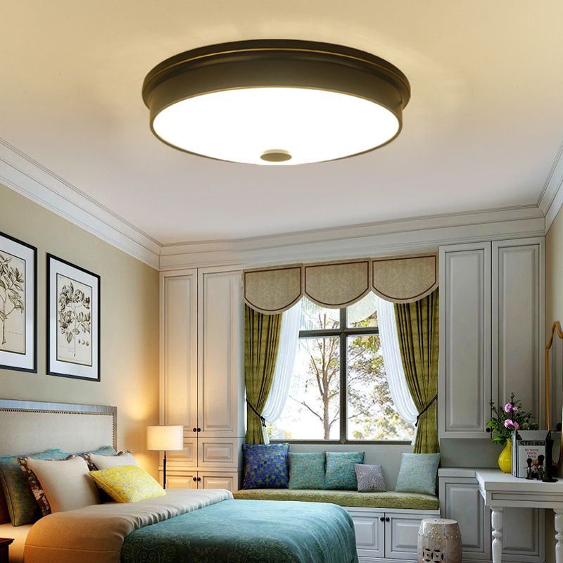 Plafonnier LED de luxe traditionnel en fer forgé, montage encastré circulaire avec abat-jour en verre