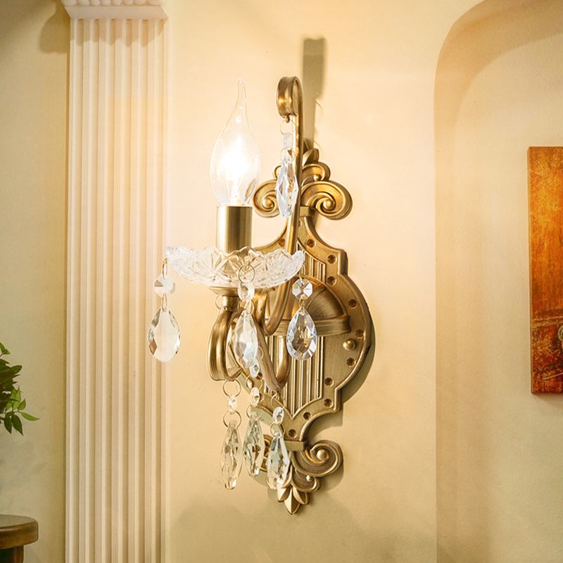 1/2-Light Candlestick Wall Sconce Antiqued Gold Iron Wall Mount Lamp with Crystal Drape
