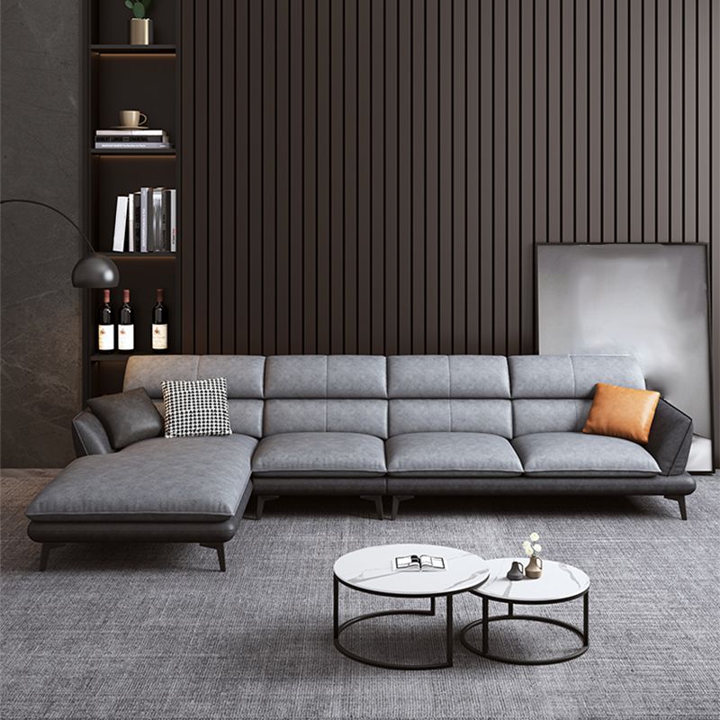 Flared Arm Sofa & Chaise Modern Faux Leather Sofa in Dark Grey