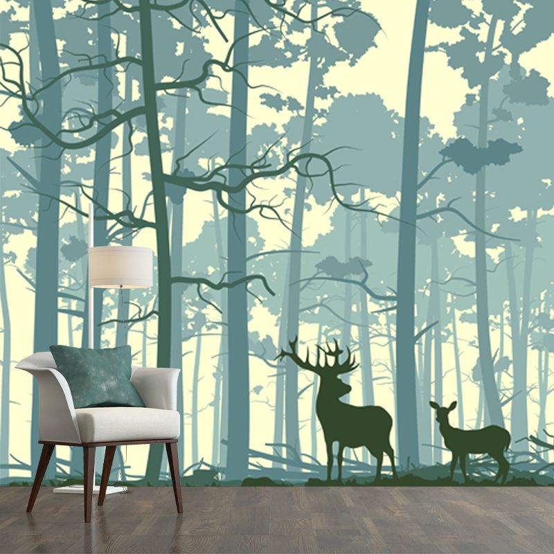 Nordic Forest Deer Silhouette Mural Blue Stain Resistant Wall Covering for Bedroom