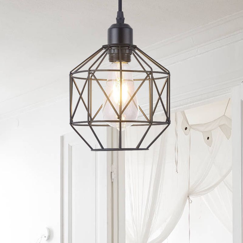 1-Light Prism Cage Pendant Lamp Vintage Black Metal Hanging Light Fixture for Dining Room