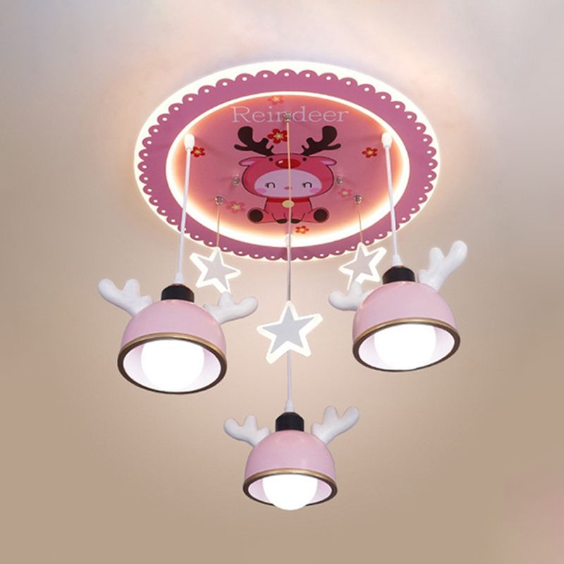 Cartoon Deer Resin Flush Mount Lamp 3 Bulbs Ceiling Lighting with Hanging Bowl Lampshade in Pink/Blue