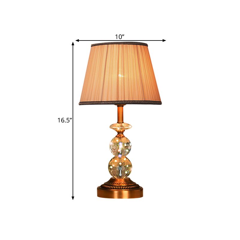 1 Bulb Pleated Fabric Night Stand Lamp Traditional Pink and White/Pink/Coffee Cylinder/Tapered Parlor Table Light with Faceted Crystal Orbs