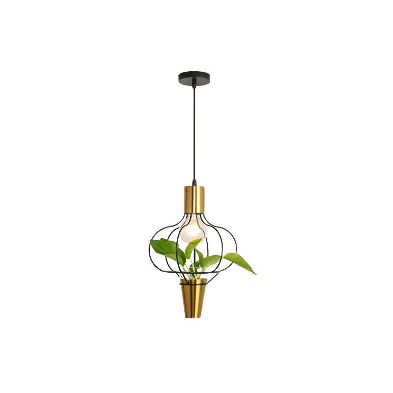 Iron Gold Finish Drop Pendant Triangle/Diamond/Oval 1-Light Industrial Suspension Lighting with Plant Container