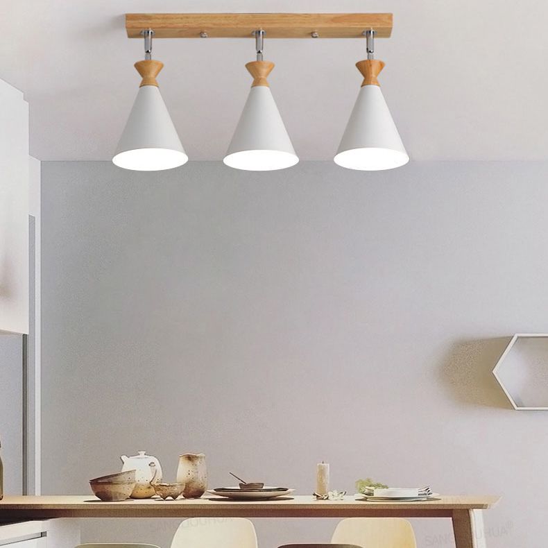 Wooden Cone Semi Flush Mount in Modern Creative Style Iron 3-Light Ceiling Light for Dining Room