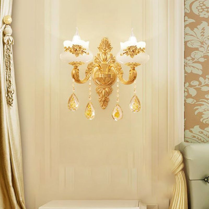 Imitation Jade Gold Wall Mount Light Bud Traditional Wall Light Fixture with Crystal Draping