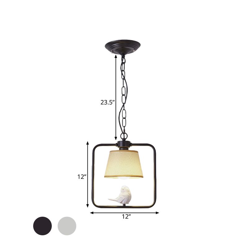 1 Côté Cone Light Pendant Light Light Classic Black / White Tissu Lampe suspendue pour café avec cadre carré et oiseau