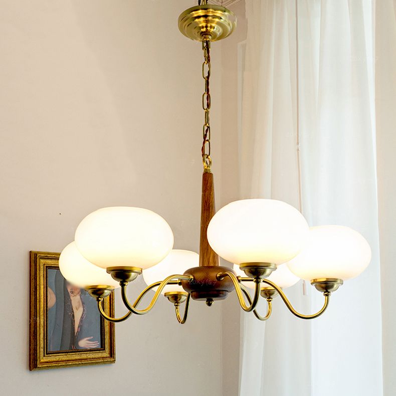Wooden Chandelier Gold Globe Hanging Light with White Glass for Living Room