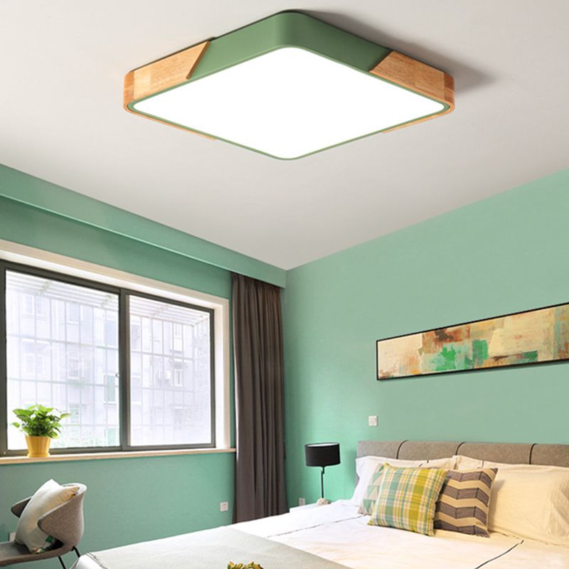Plafonnier carré de chambre à coucher, éclairage encastré vert nordique avec abat-jour en bois et acrylique pour enfants