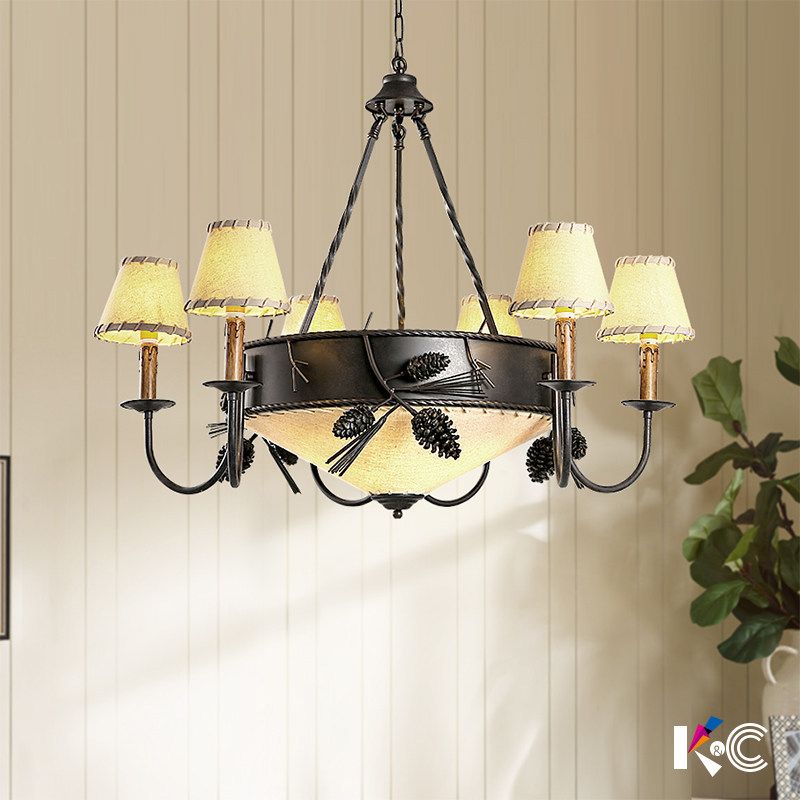 9 Lights Ceiling Light Country Domed Frosted Glass Hanging Chandelier in Black for Dining Room with Fabric Shade