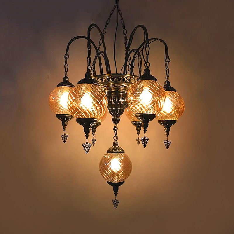 Globe Chandelier Vintage Amber Swirl Glass 7 Bulbs Pendant Light Fixture for Coffee House