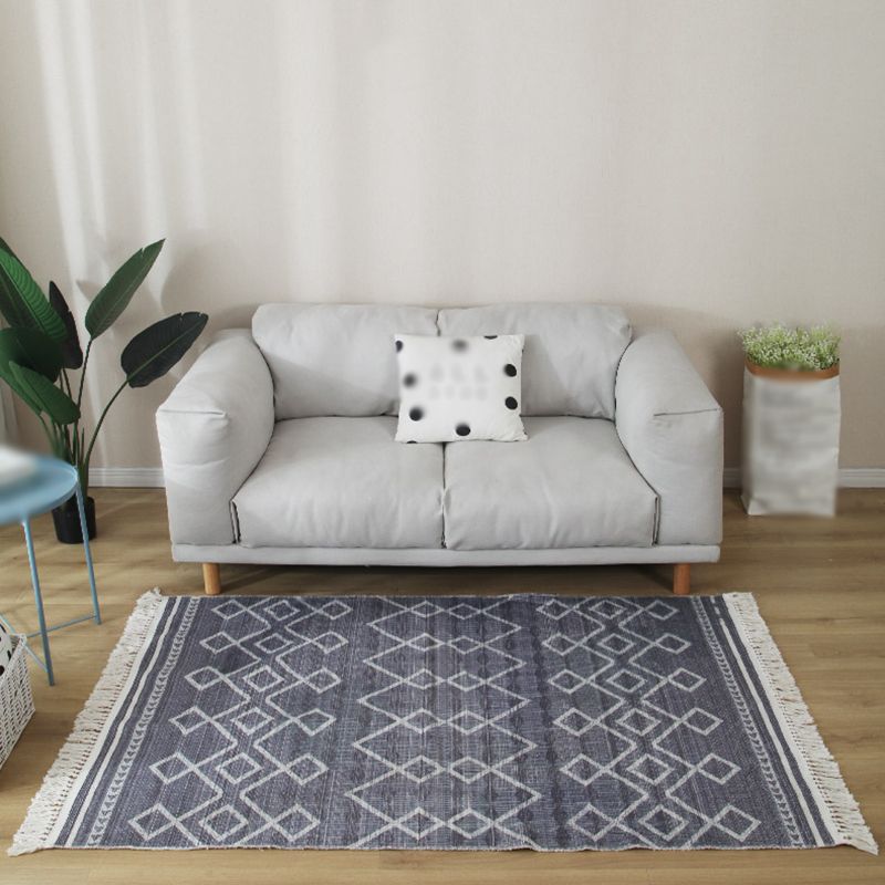 Grey Geometric Pattern Area Rug Polyester Area Carpet Fringe Easy Care Rug for Living Room
