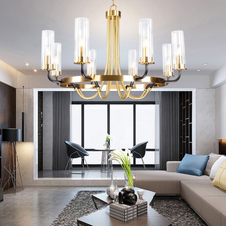 Post-Modern Metal Hanging Chandelier Light Clear Glass Shade Ceiling Chandelier in Gold for Living Room