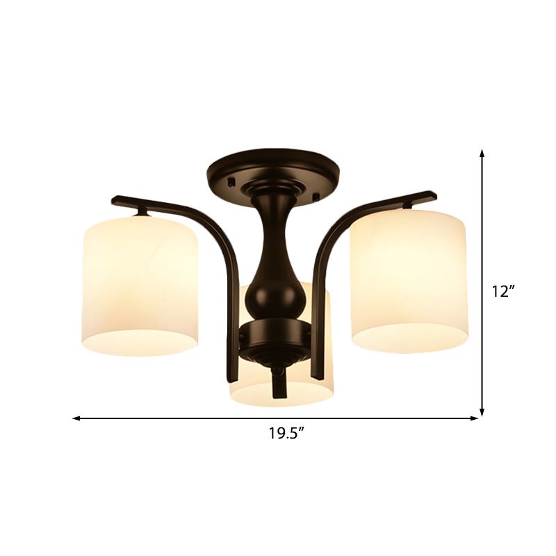 3/5/6 Lights Semi Flush Mount Traditional Cylinder Frosted Glass Ceiling Light in Black for Bedroom