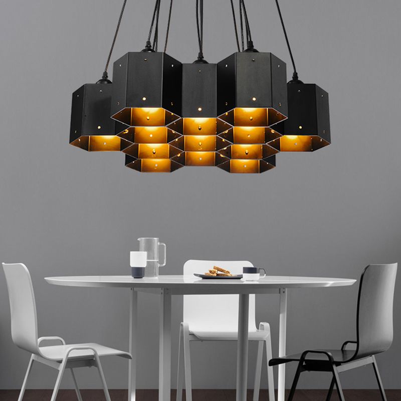 Honeycomb Island Ceiling Light Art Deco Black Finish Metal Hanging Light for Dining Room