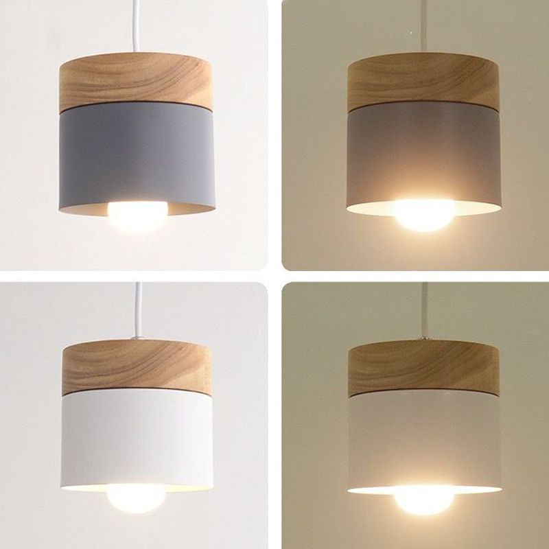 Wooden Cylindroid Pendant Light in Modern Artistic Style Iron Macaron Hanging Lamp for Dining Room