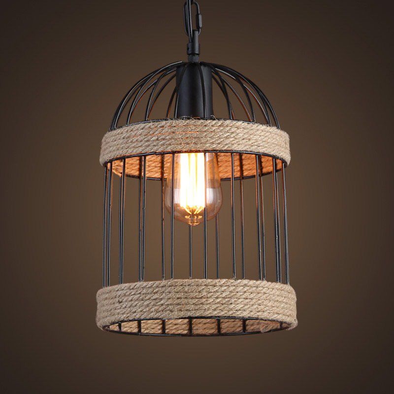 Rope Beige Pendant Light Kit Bird Cage Vintage Style Hanging Light Fixture for Restaurant