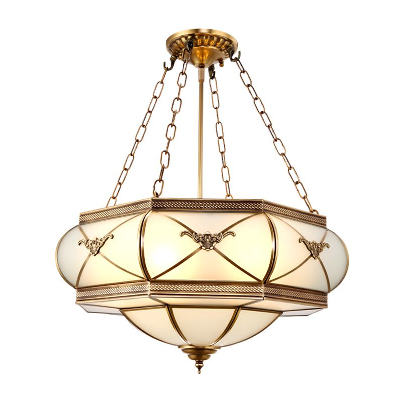 Brass 4 Heads Semi Flush Mount Lighting Traditional White Opal Glass Drum Close to Ceiling Lamp