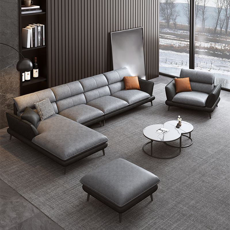 Flared Arm Sofa & Chaise Modern Faux Leather Sofa in Dark Grey