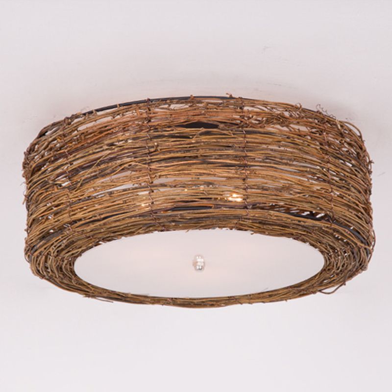 Luminaire de plafond encastré en rotin asiatique, tambour marron pour salle à manger