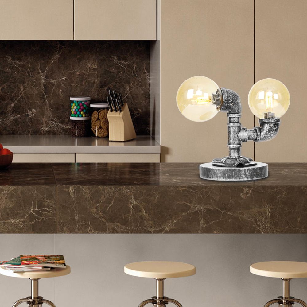 Lámpara de escritorio de 2 luces Sombra redonda industrial de sombra transparente/iluminación de mesa de vidrio ámbar en plata antigua