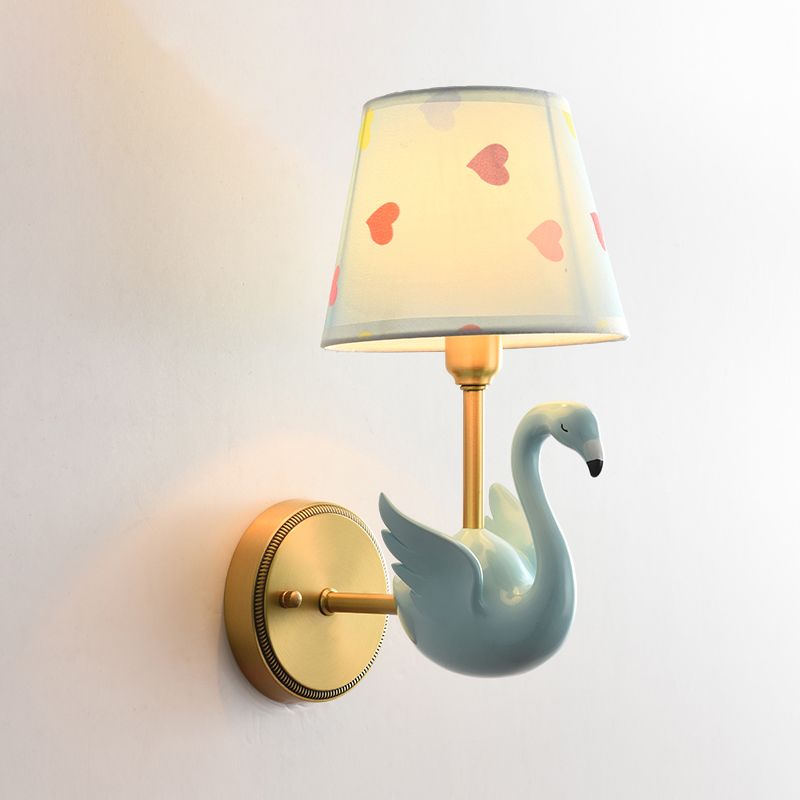 Empire Shade Bedside Wall Lamp Patterned Fabric Kids Wall Light Fixture with Resin Swan