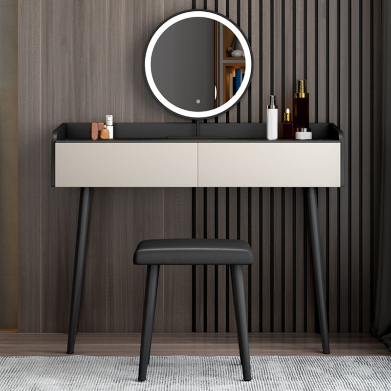 Black Stone Top Vanity Desk Contemporary 2 Drawers Dressing Table with Stool