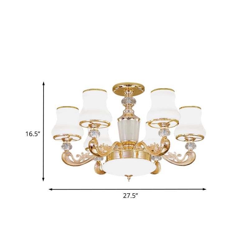 6 Lights Flared Semi Flush Mount Simple Gold Frosted Glass Ceiling Light with Crystal Accent