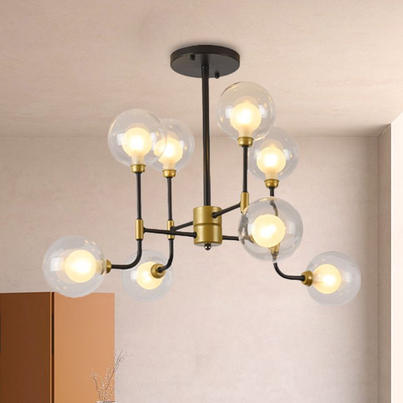 Modern Orb Hanging Chandelier Clear Glass 8/16 Bulbs Suspended Lighting Fixture in Black and Gold