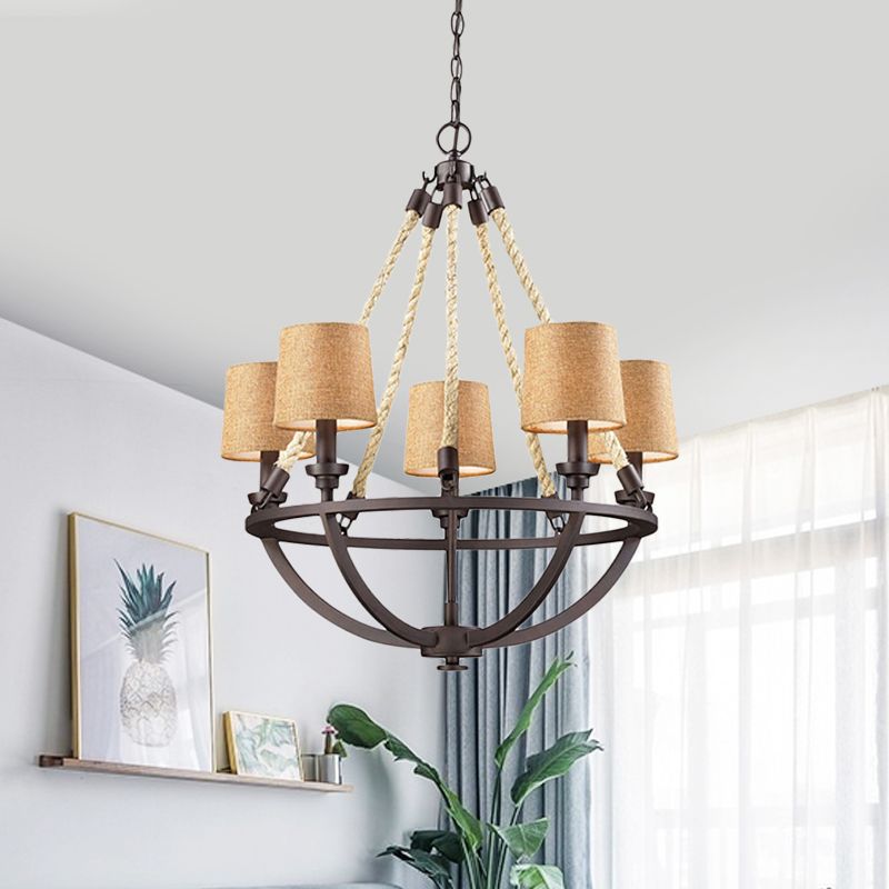 5/6 Lights Ceiling Light Traditional Tapered Fabric Hanging Chandelier in Beige for Dining Room