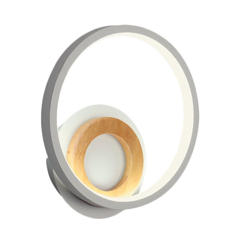 Modernist Ring Wall Sconce Acrylic LED Bedside Wall Mount Fixture in White with Wood Detail, White/Warm Light