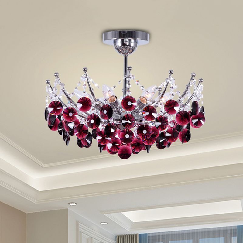 Crystal Dome Semi Flush Lighture Modern 5 Lights Borgoña/Smoke Grey/Amber Ceiling Light, 16 "/19.5" de ancho
