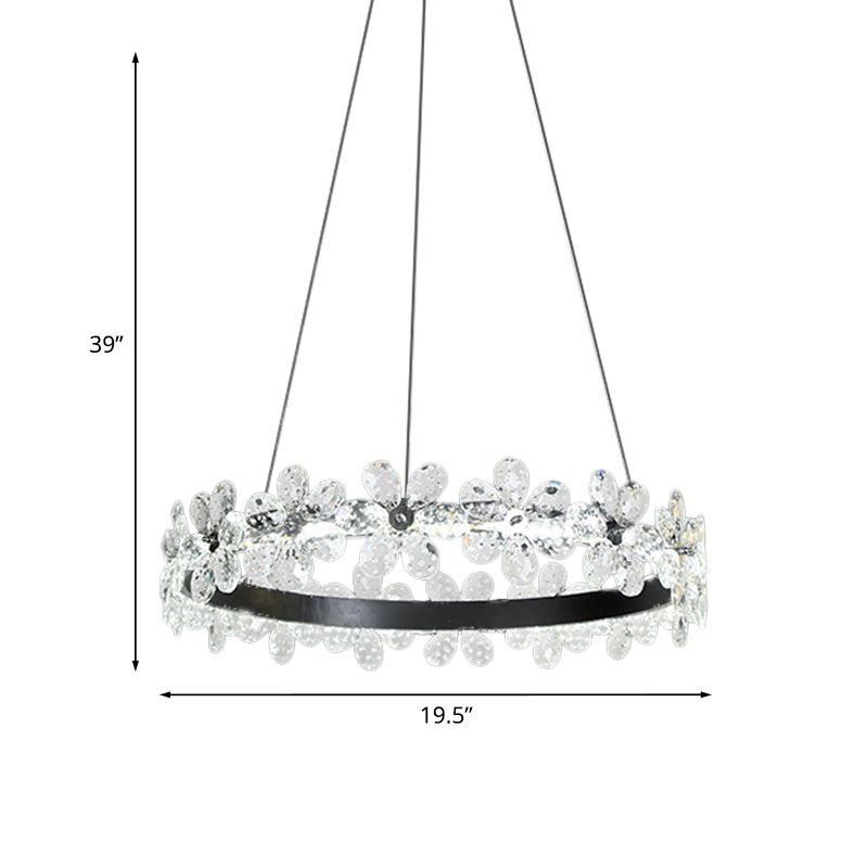 Kit di luce sospesa a cerchio nero a 1/2 livelli Minimalistic Crystal Flower Living Room LED Lampone Illuminazione
