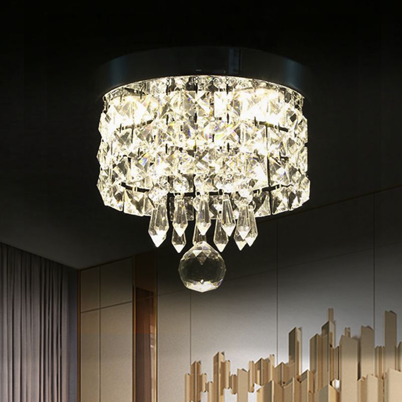 Drum Layered Flush Mount Light Crystal Glam Ceiling Light Fixture in Chrome