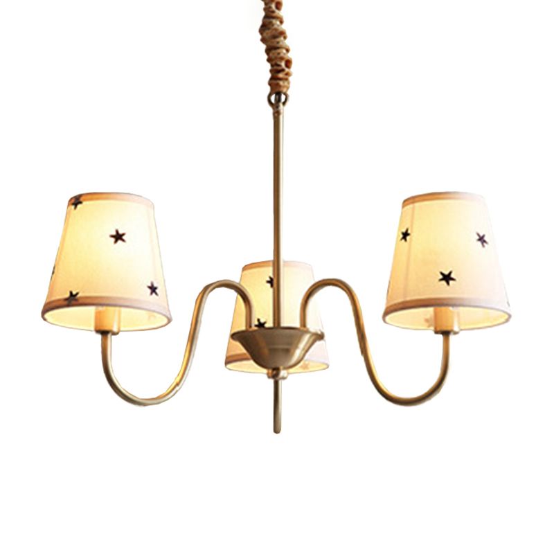 Star Patterned Fabric Conical Chandelier Rustic 3/5/6 Lights Bedroom Ceiling Hang Lamp in Gold