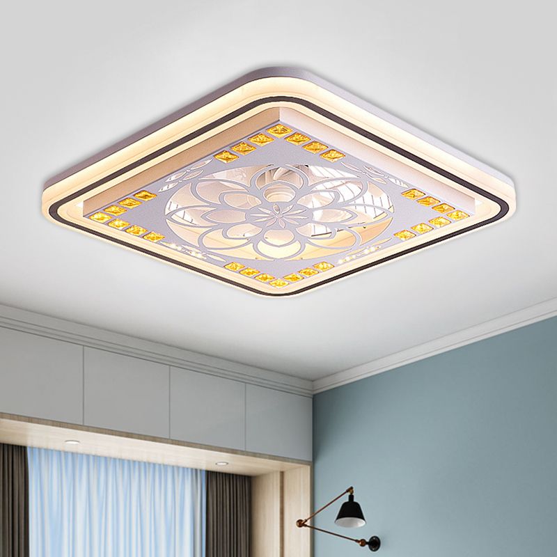 7 Blades LED Square Semi Flush Light Modern White Crystal Blocks Pendant Fan Lamp, 21.5" Wide