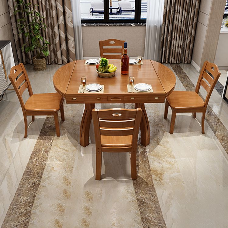 Modern Rubberwood Dinner Table Round 4 Legs Drop-Leaf Table for Home Use