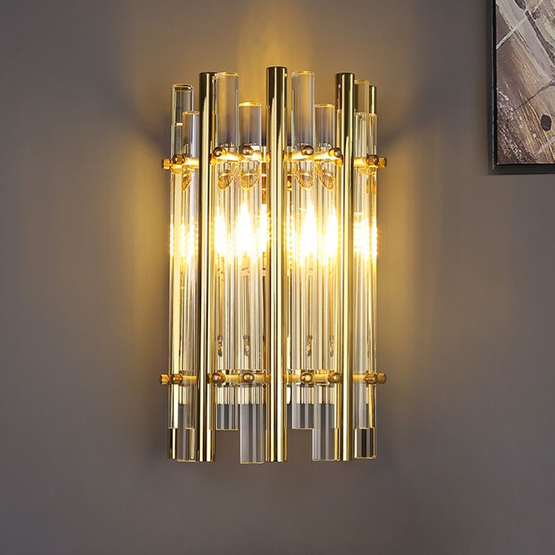 Tubular Wall Sconce Modernist Style Clear Crystal and Metal 1 Light Golden Wall Lighting for Bedroom