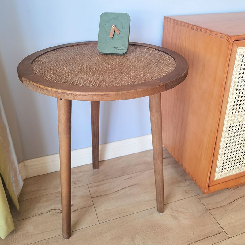 French Rustic Round Rattan Top Side Table 3 Legs Wooden End Table